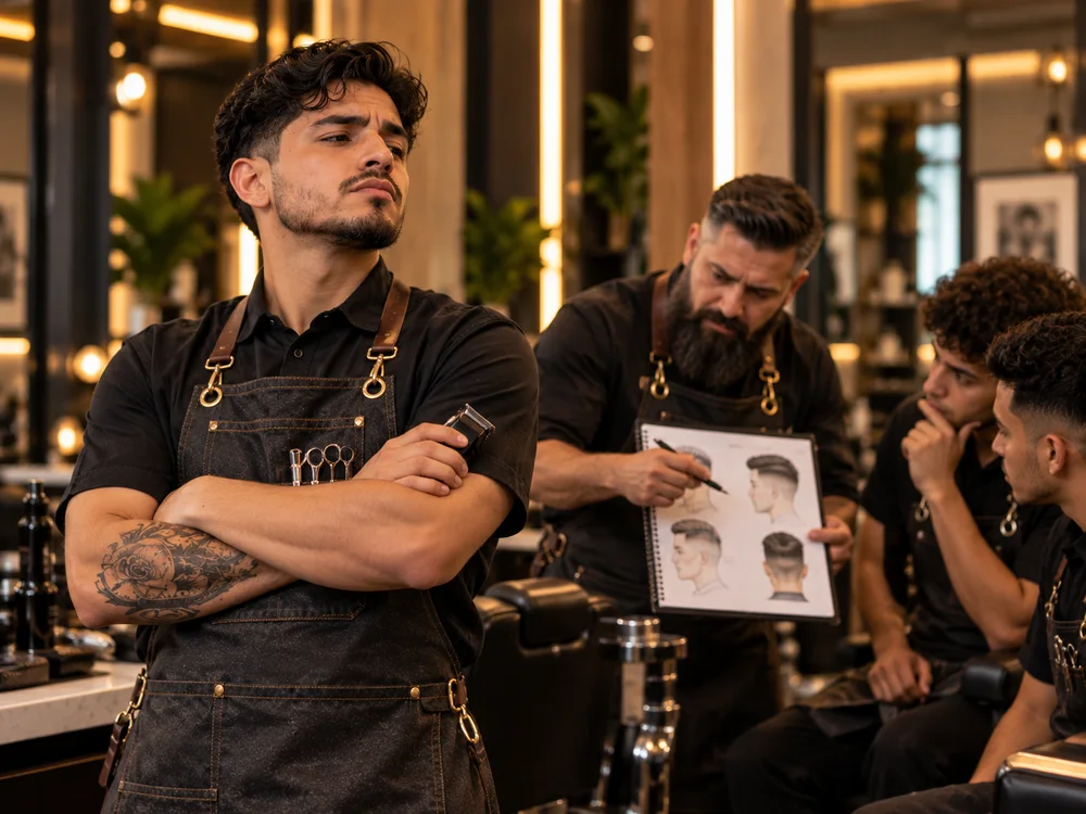 Barbero de brazos cruzados ignorando la lección