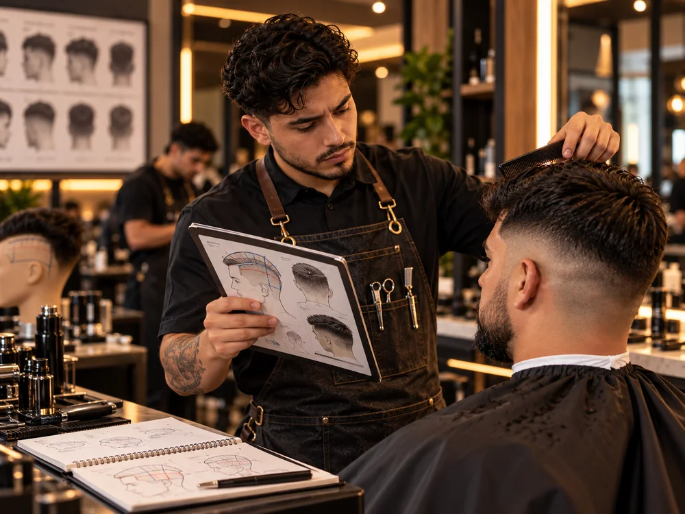 Barbero estudiando la teoría del corte mientras practica