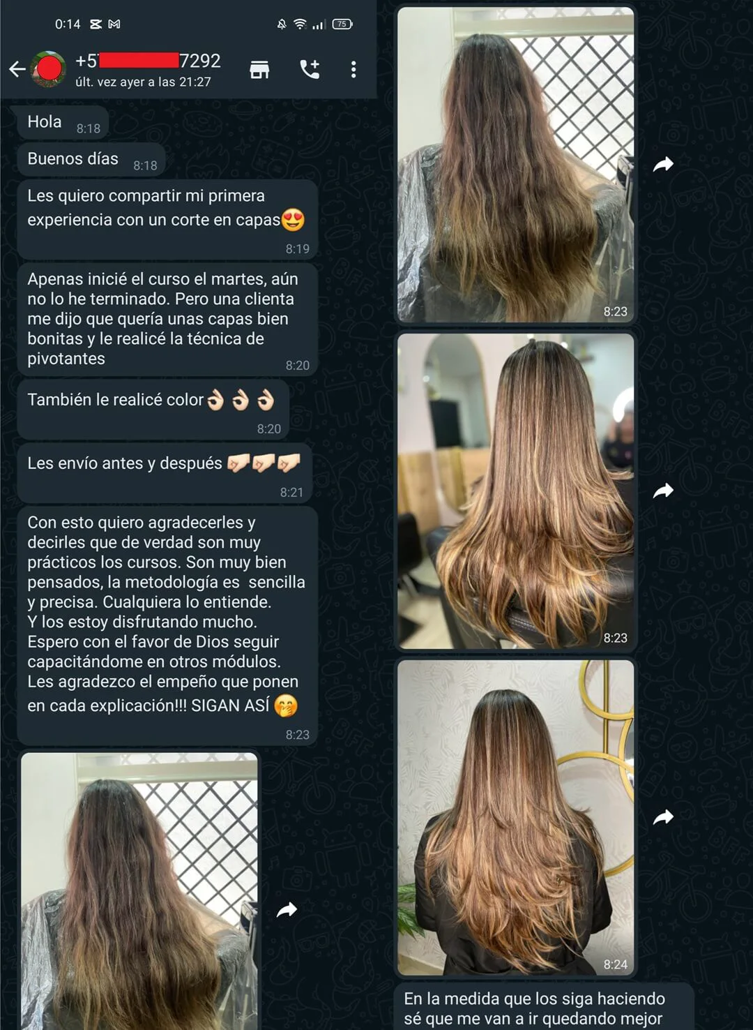 Mensaje de una alumna mostrando sus cortes en capas