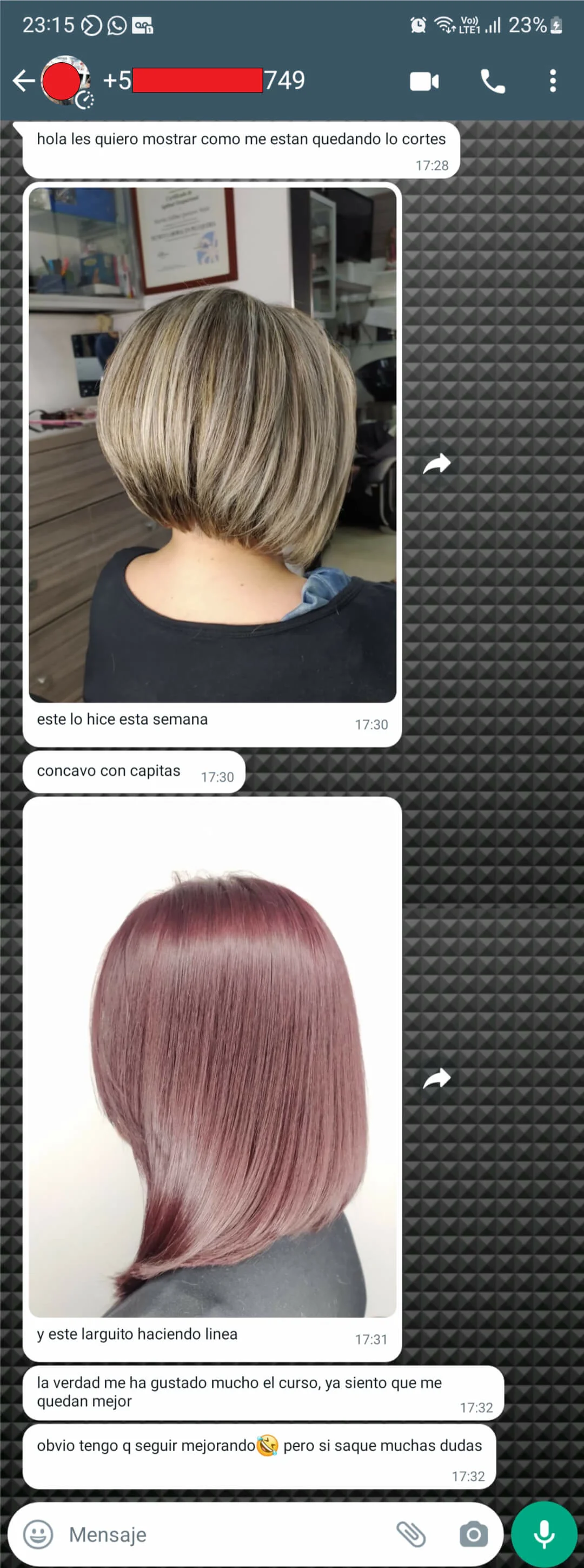 Mensaje de WhatsApp de una alumna mostrando un corte cóncavo con capitas y un corte haciendo línea