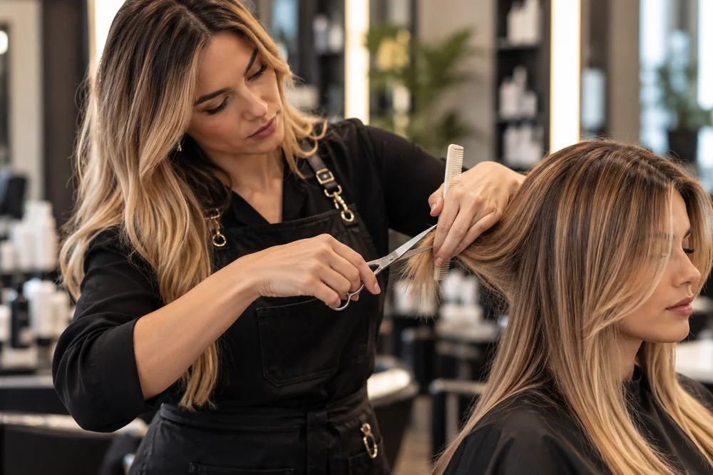 Estilista haciendo un corte de cabello en el salón