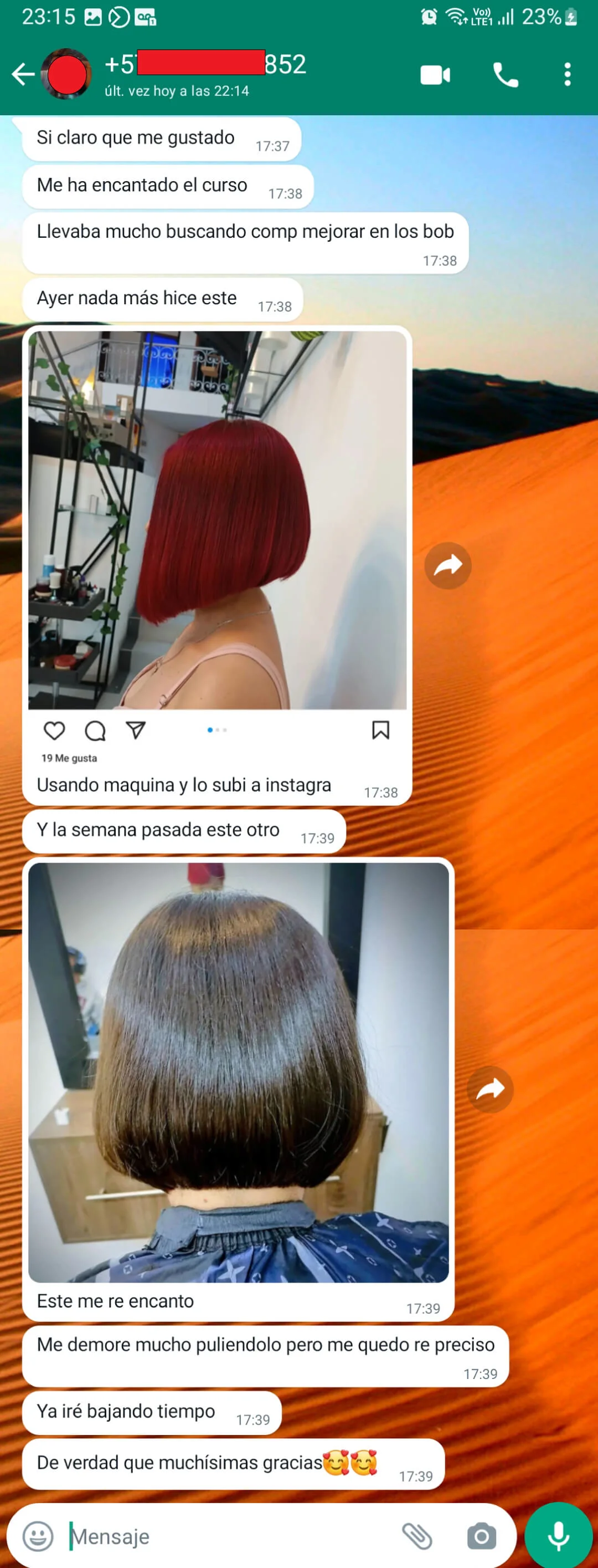 Mensaje de una alumna mostrando sus cortes Bob después del taller