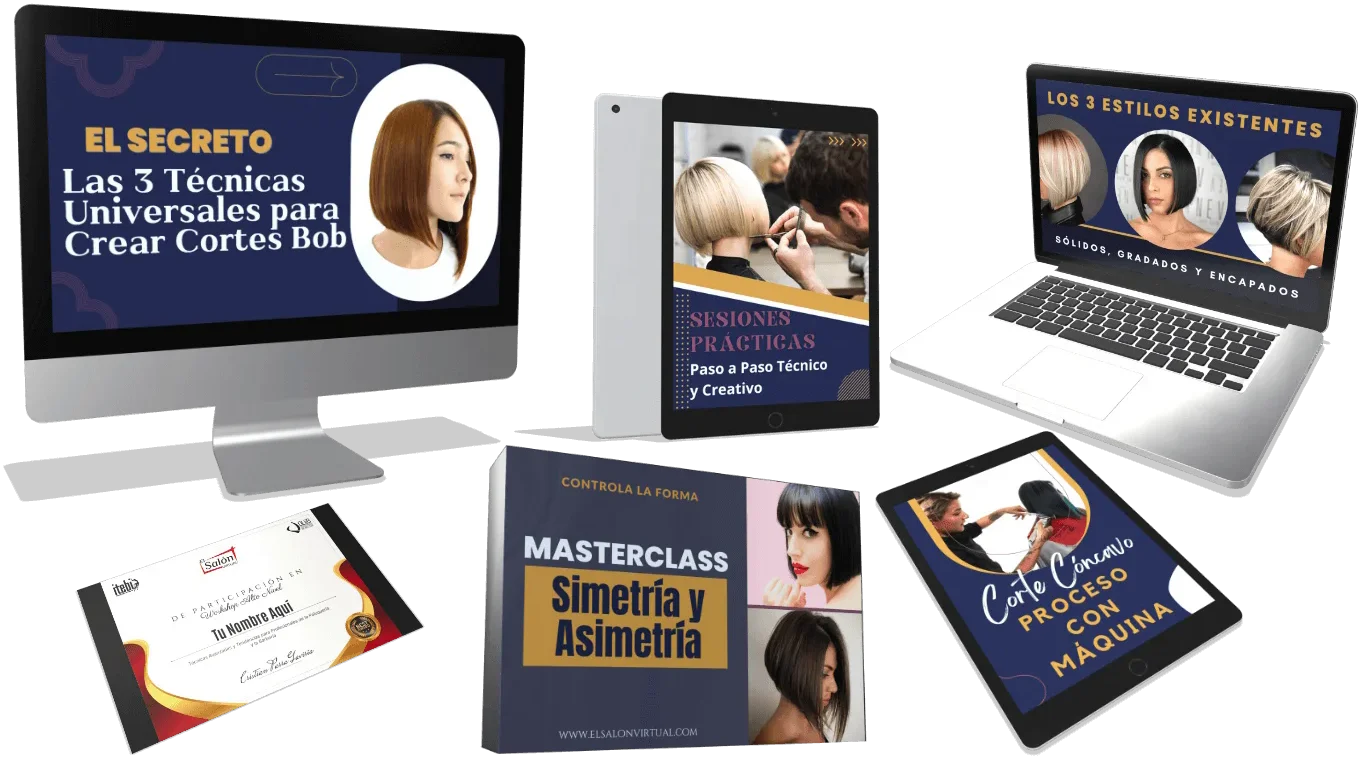 Todo lo que incluye el taller: las 3 técnicas universales, los 3 estilos, sesiones prácticas, masterclass de simetría y asimetría, corte cóncavo con máquina y certificado