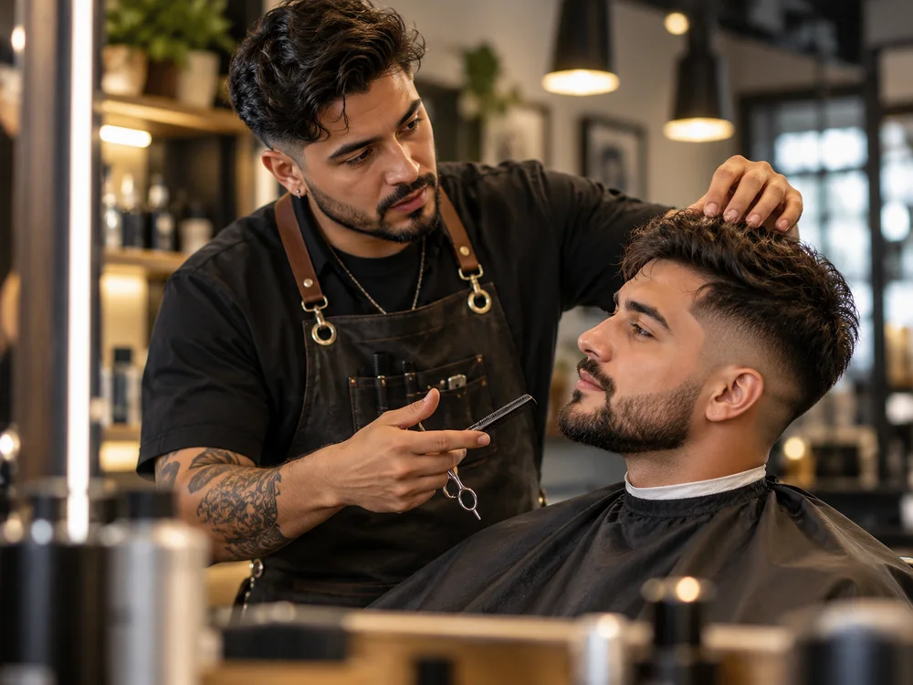 Barbero asesorando a su cliente sobre el estilo de corte
